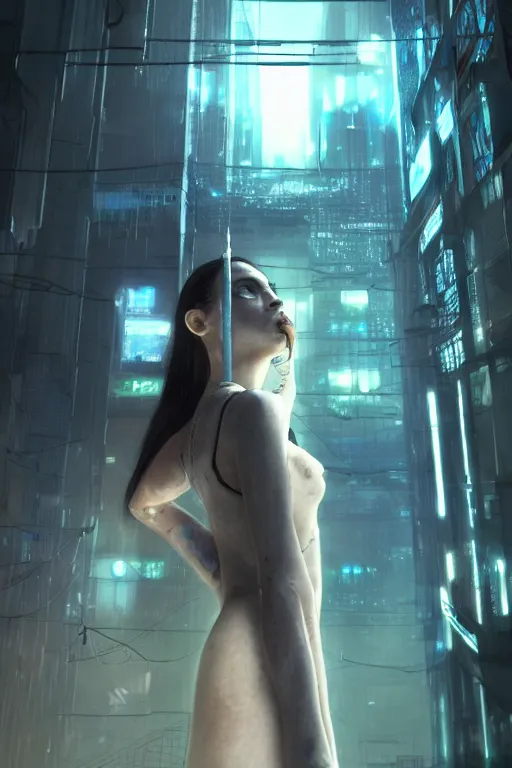 Image similar to a cyberpunk woman awakening from a test tube, opening her eyes for the first time, conceiving the dystopian world around her, illustrated by greg rutkowski, roger magrini, and leticia gillett, intricately defined, complexly detailed, dramatic lighting, envious atmosphere, daz 3 d, unreal engine 5, cgsociety contest winner, 4 k