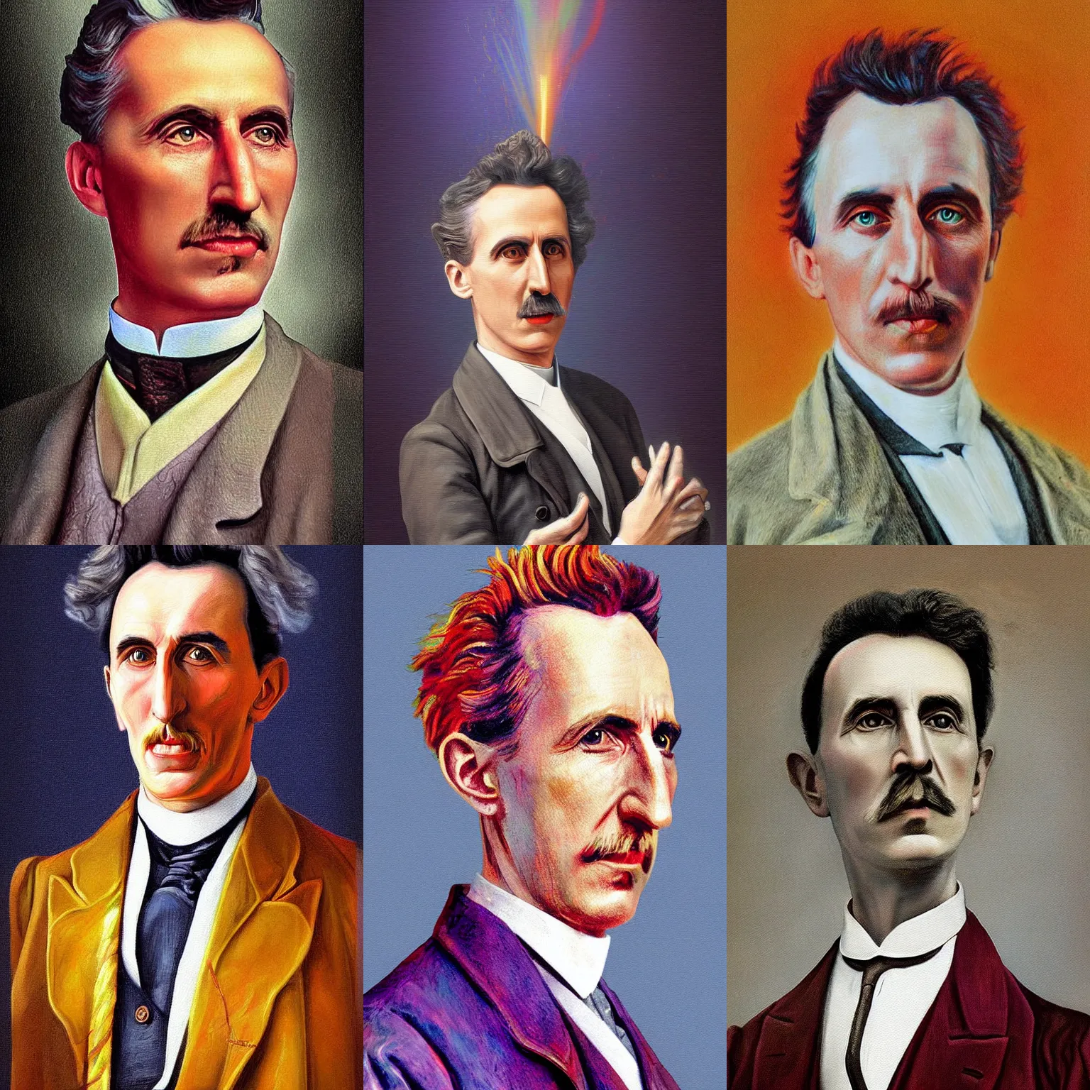 Prompt: digital Dutch Golden Era hyper realistic colorful painting of Nicola Tesla