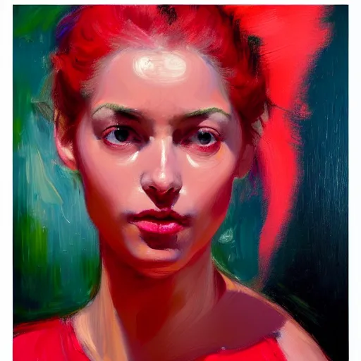 Prompt: Oil painting expressionist Portrait of a girl with vibrant red and pink background, actress, very coherent, beautiful, defined upper body, orientalist portrait of female sage, fantasy, face, intricate, elegant, highly detailed, oil painting, artstation, concept art, smooth, sharp focus, illustration, art by Heady Tale and Francis Bacon and Artem Demura and Norman Rockwell. Jamie Hewlett, Ralph Steadman