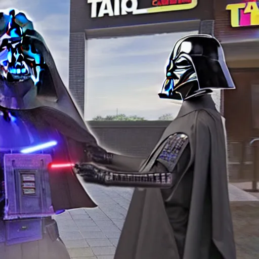 Prompt: (Darth Vader dispatches the staff at the Taco Bell drive-thru for taking too long, TIE Fighter, fast food), 8K, 4K, UE5