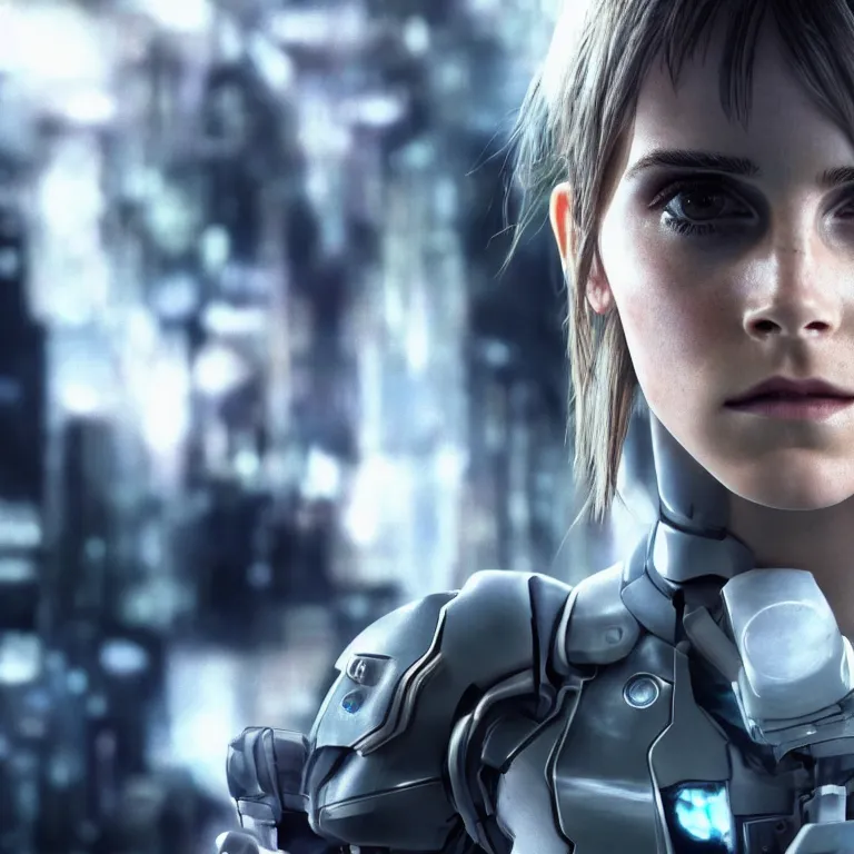 Image similar to scifi emma watson looks like ghost in the shell, extremely high detail, high detailed face, smiling woman, cyborg, photorealism, emma watson, sony a 7 r