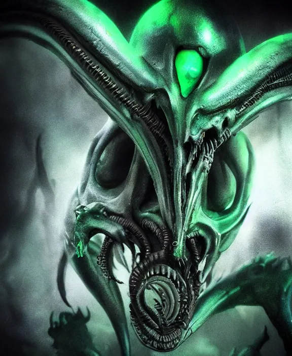 Image similar to xenomorph queen goth model skull eyes hybrid, dragon eggs, dark emerald mist colors, giger background liminal void, cinematic lighting, realistic, award winning photograph, various refining methods, micro macro autofocus