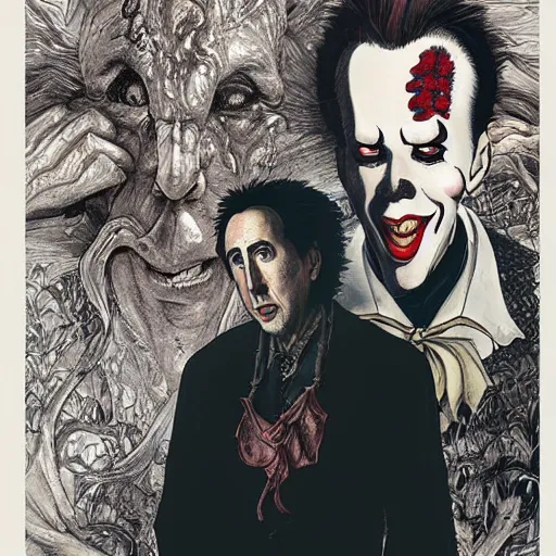 Prompt: Nicolas Cage as Pennywise from IT portrait painted in Frank frazzeta style drawn by Vania Zouravliov and Takato Yamamoto, inspired by Fables, intricate acrylic gouache painting, high detail, sharp high detail, manga and anime 2000