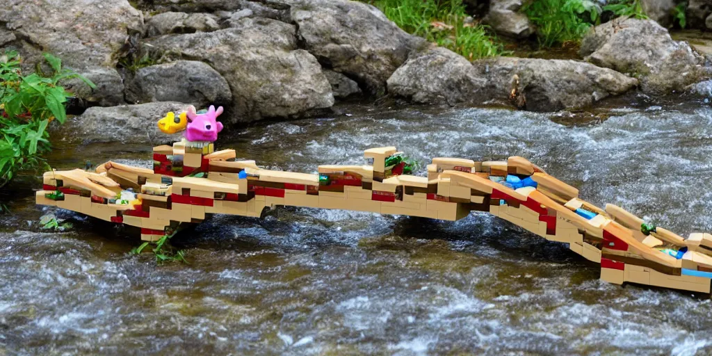 Image similar to A lego rat sitting on a lego bridge over a lego river