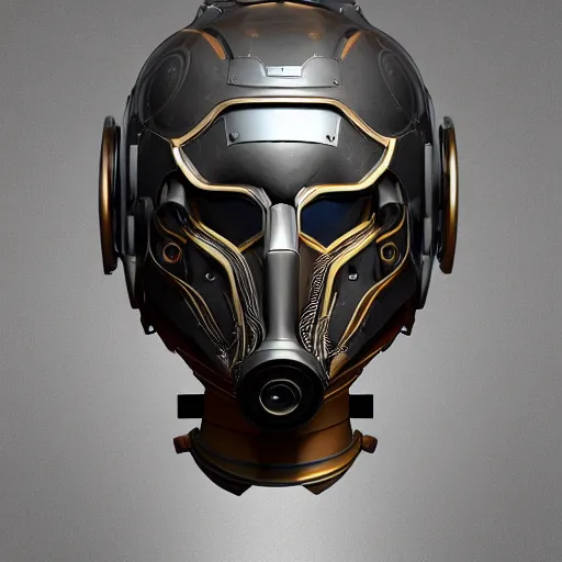 Prompt: cyberpunk mechanical helmet with side intircate hoses looking straight by Vitaly Bulgarov, front view