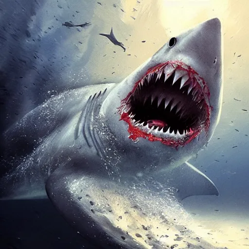 Image similar to a shark underwater with bloody mouth by greg rutkowski