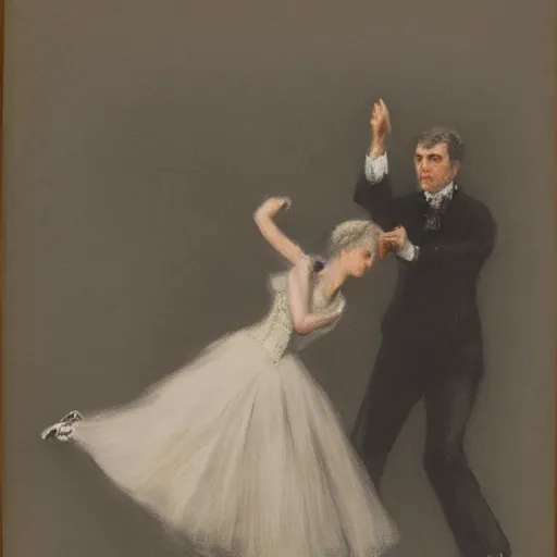 Image similar to old lady and young gentleman ballroom dancing by alfred stevens in charcoal