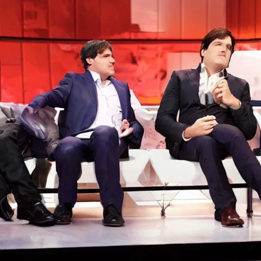 Image similar to Coca Cola character fall asleep in front of Kevin O'Leary and Mark Cuban, in Shark Tank (2016)