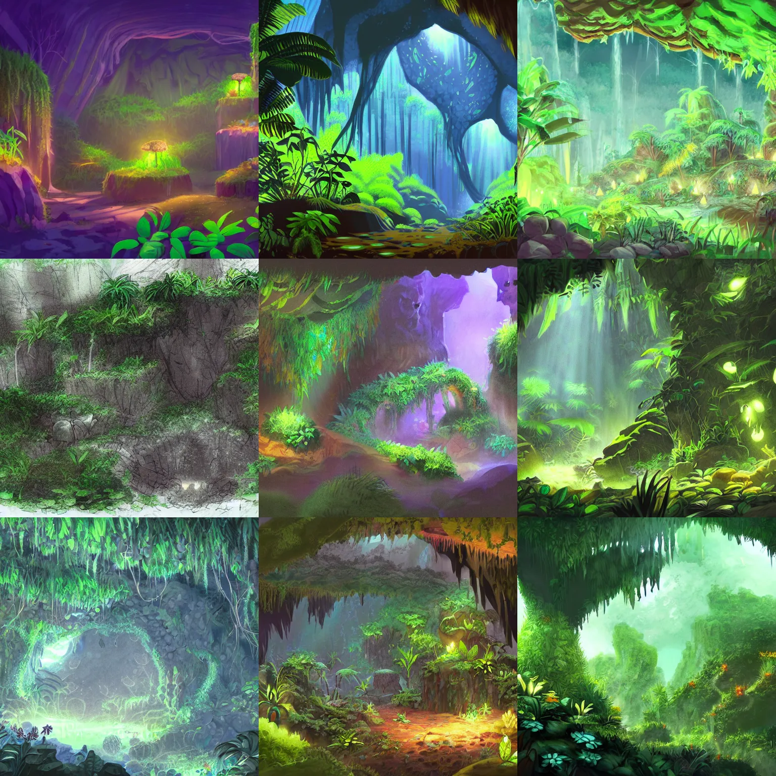 Prompt: concept art of underground jungle cave with luminescent plants