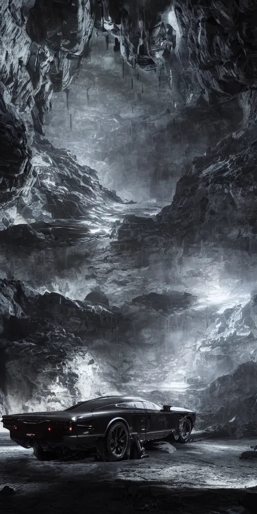 Image similar to the batmobile standing in a very dark and wet cave. highly detailed. intricate. mist. atmospheric. rim light. photorealistic. 8 k. monochrome. rays of light filling the cave. cinematic. matte painting. cinema 4 d. octane render. imagined by ash thorp. ambient occlusion. global illumination.