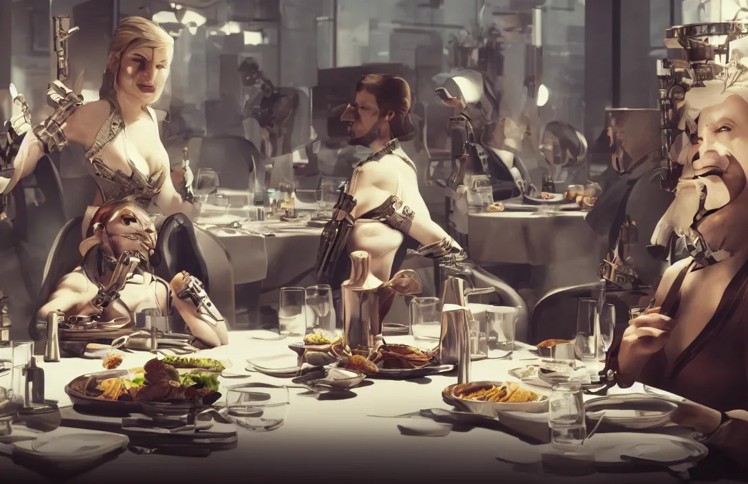 Image similar to portrait of mirta legrand with cibernetic eye sitting at the table having lunch with cyborgs. 4 k octane render