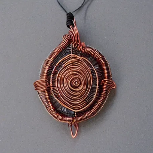 Image similar to a beautiful amulet made from sand and dirt, with copper wire details