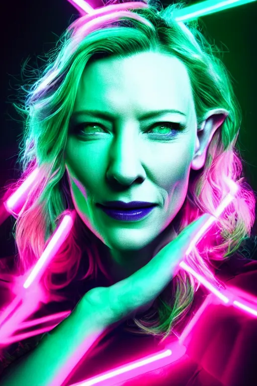 Image similar to cate blanchett ,neon colors, strong lighting, by Josan Gonzalez, HD, 4K