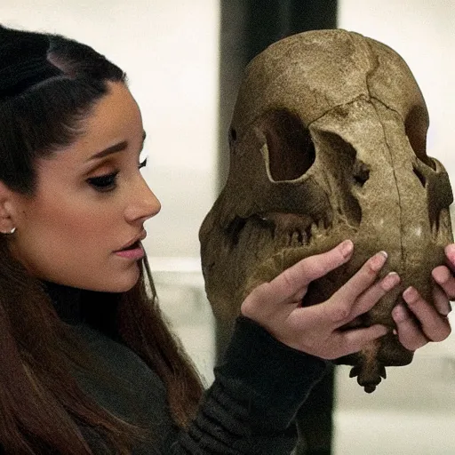 Prompt: ariana grande holding an ancient dinosaur skull in the movie interstellar