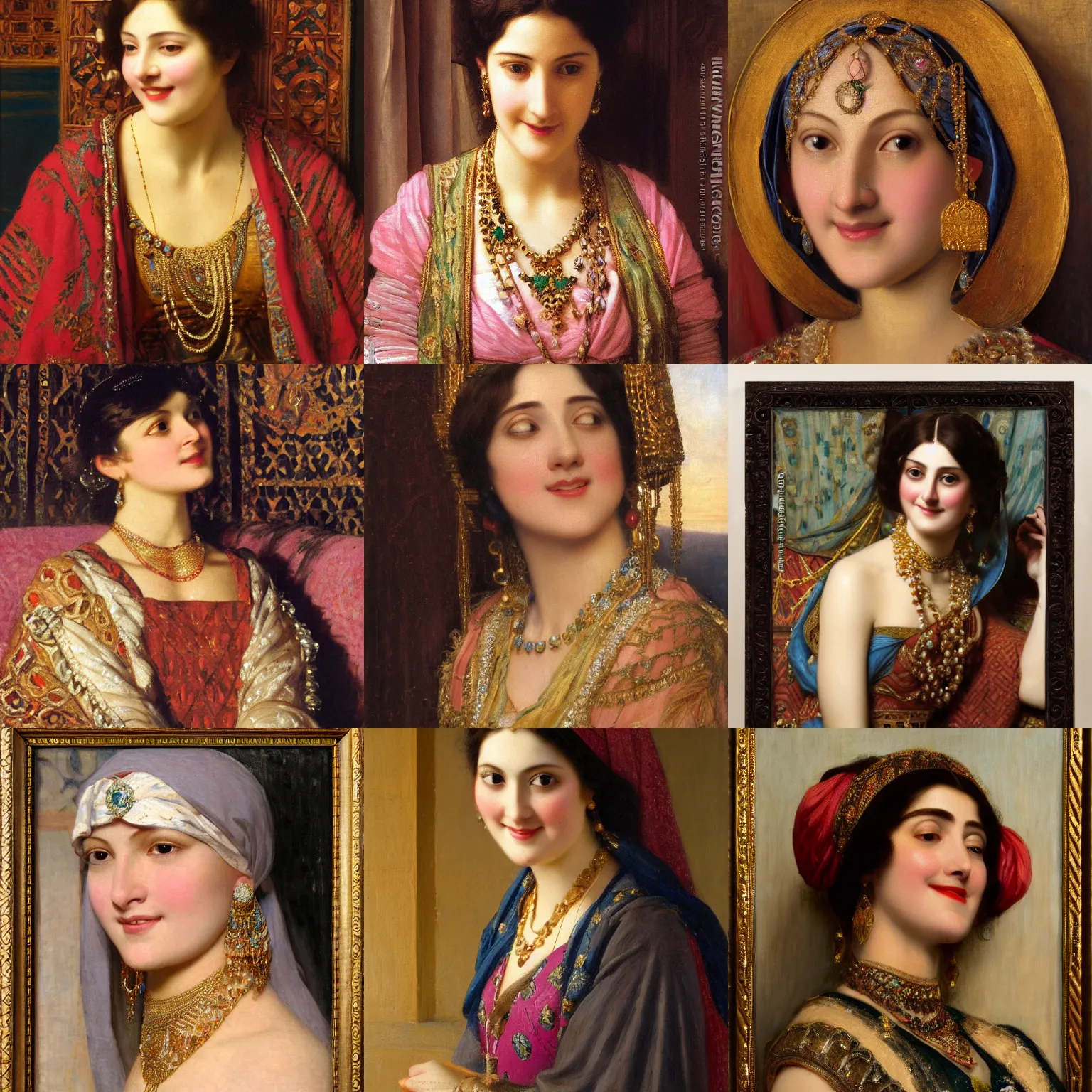 Prompt: orientalism painting of a blushing smiling noblewoman jewelry face detail by edwin longsden long and theodore ralli and nasreddine dinet and adam styka, masterful intricate art. oil on canvas, excellent lighting, high detail 8 k