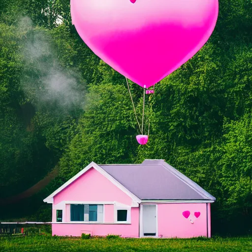 Prompt: a 5 0 mm lens photograph of a cute pink floating modern house, floating in the air between clouds, inspired by the movie up, held up from above by a heart - shaped ballon. mist, playful composition canon, nikon, award winning, photo of the year