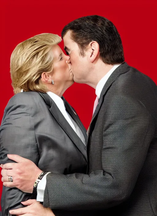 Prompt: beautiful romantic professional photo of two donald trumps kissing.