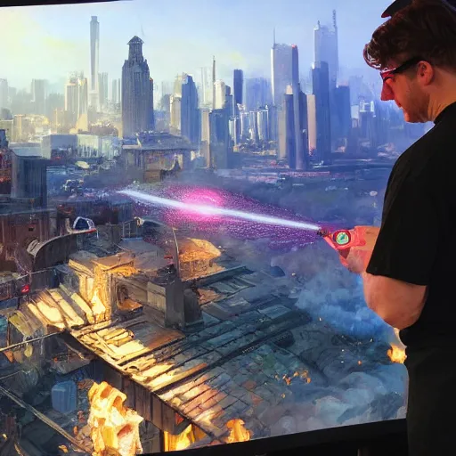 Image similar to louisiana chef justin wilson using eye lazers, destroying a cityscape, 8 k, highly detailed, digital painting, unreal engine tech demo, vivid colors, artstation, art by artgerm and greg rutkowski and alphonse mucha