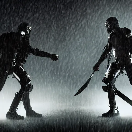 Image similar to 2 warriors in de exoskeletons battling each other in heavy rain, ground fog, moody lighting, 8 k, lightning, shallow depth of field, cinematic lighting,