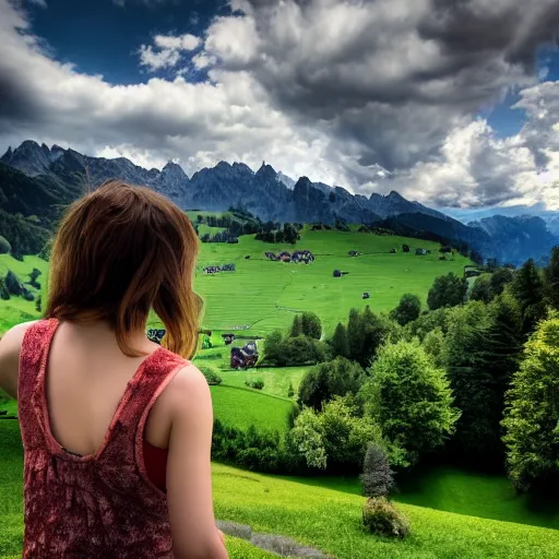 Image similar to a beautiful photograph of a girl with switzerland landscape in the background with trees, hdr, 8 k, high quality, sharp focus, artstation, highly detailed, award - winning, dramatic lighting, beautiful clouds, and nature