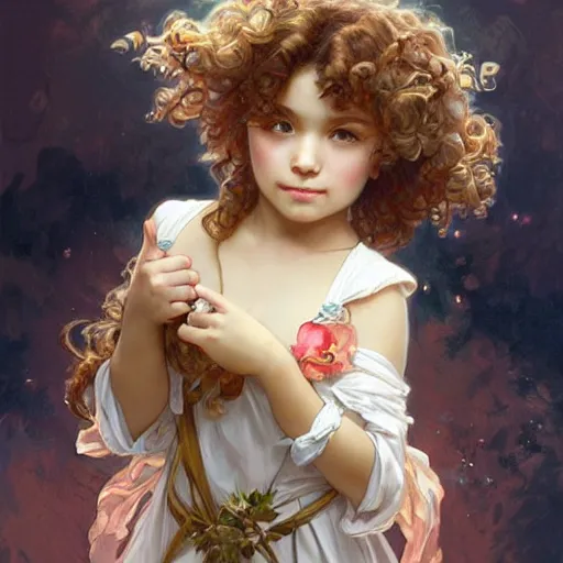 Image similar to a picture of a little girl with curly hair being very overdramatic, painting by artgerm and greg rutkowski and alphonse mucha