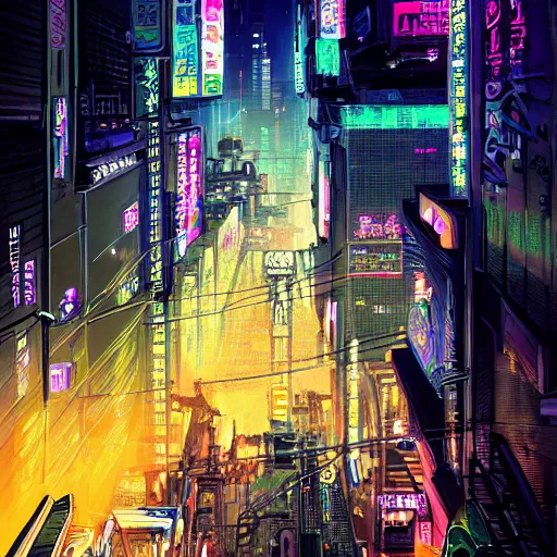 Prompt: Neon lights glisten off the streets, the moonlight swallowed by breathing electricity, we dream of Neo-Tokyo tonight, highly detailed, trending on Artstation