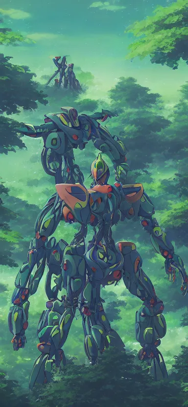 Prompt: giant humanoid plant mech, coming through treetops, forest, key art, sharp lines, towering above a small person, aesthetic, anime, trigger, shigeto koyama, hiroyuki imaishi