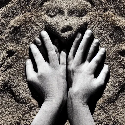 Image similar to a pair of hands holding a face made of sand