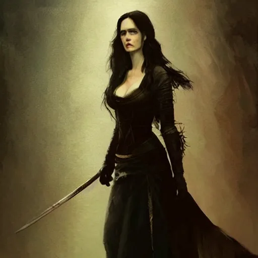 Image similar to eva green as yennifer from witcher, portrait, painted by greg rutkowski