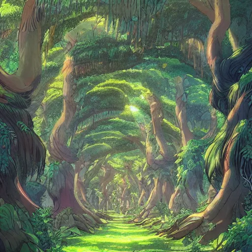 Image similar to stunning tree city in amazon forest by studio ghibli, artstation, environment design