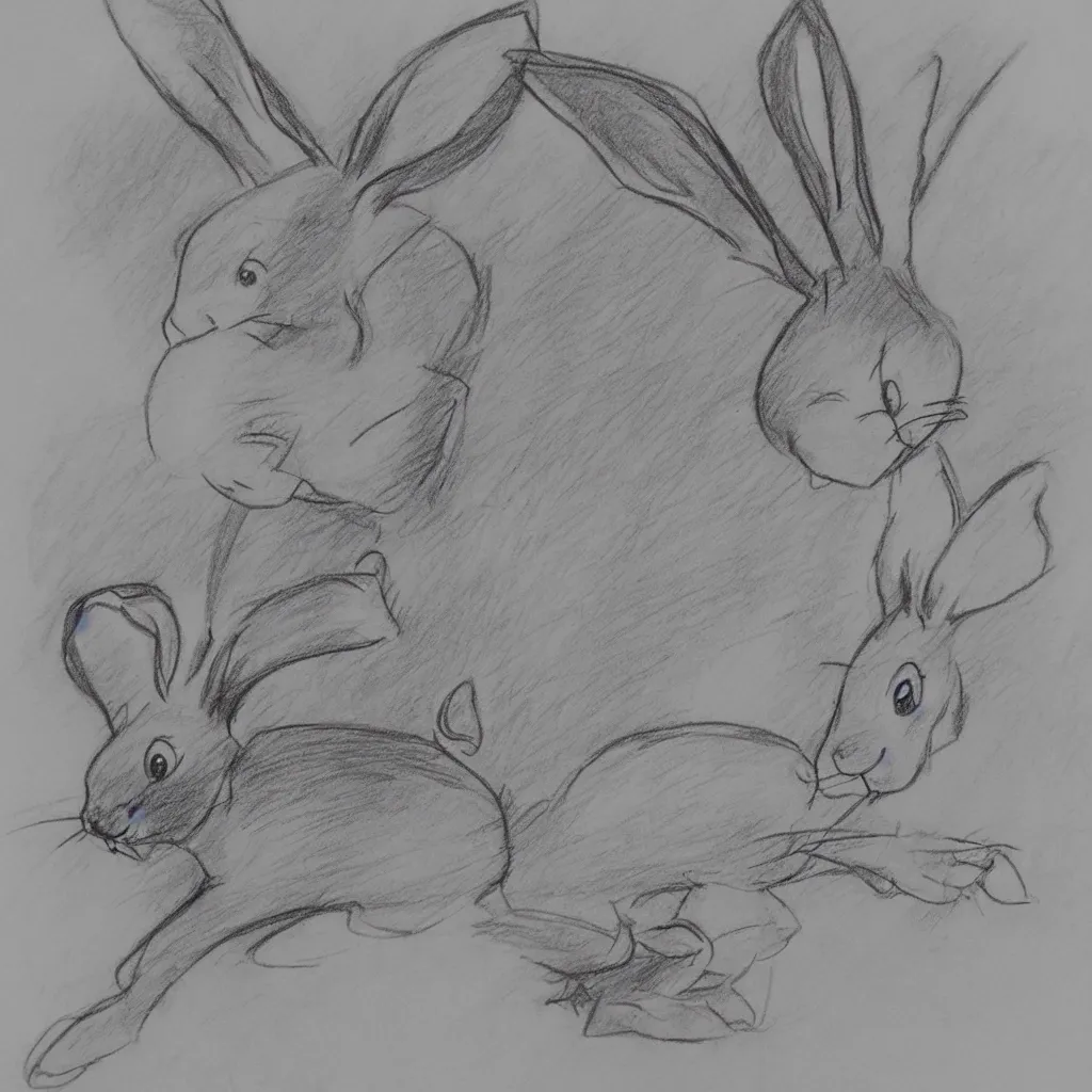 Prompt: milt kahl pencil sketch of a rabbit in the forest facing away disney style