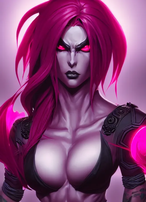 Prompt: lilith from darksiders, wide angle view, neon pink and black color scheme, highly detailed, artgerm, cushart krenz, king of fighters style, trending on artstation, soft light, sharp focus, illustration, character design, concept art