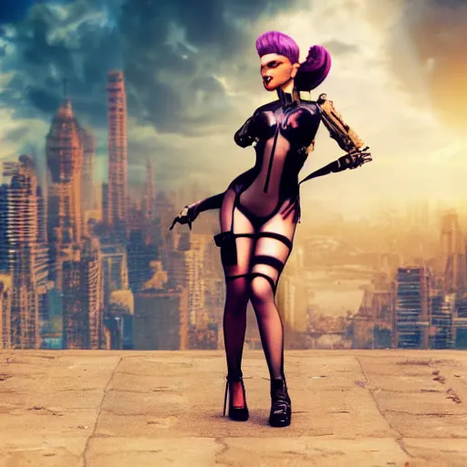 Prompt: Epic cinematic action scene render of a very beautiful dollpunk wearing Abstract tech bodysuit, in front of a ruined city, focus, realistic eyes, symmetric body features proportions, golden ratio, ultra intricate details, award winning, unreal render