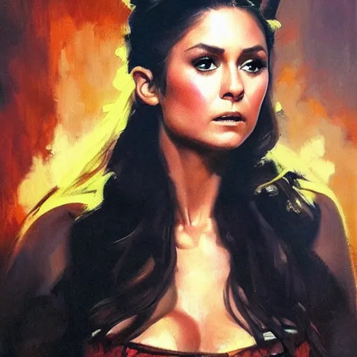 Prompt: ultra realistic portrait painting of nina dobrev in an old western, art by frank frazetta, 4 k, ultra realistic, highly detailed, epic lighting.