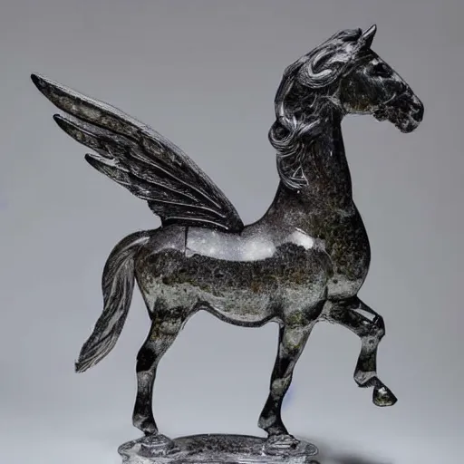 Prompt: a glass statue of a horse with wings on it's back, studio photography, detailed, in focus