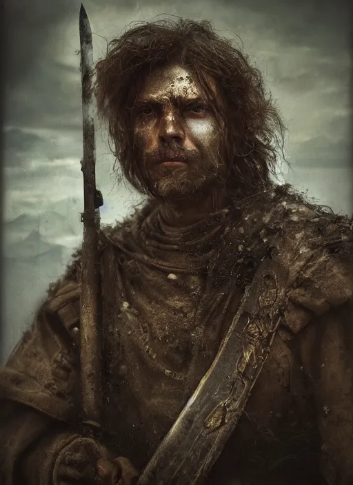 Image similar to portrait photo of a medieval warrior, rough loner man, dirt and unclean, extreme detail, cinematic, dramatic lighting render, extreme photorealism photo by national geographic, tom bagshaw, masterpiece