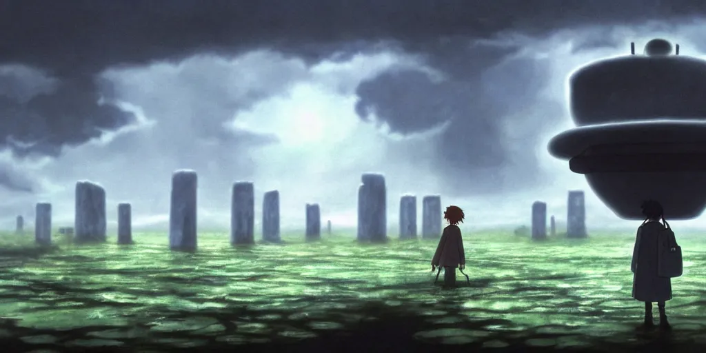 Prompt: a realistic and atmospheric cell - shaded concept art from howl's moving castle ( 2 0 0 4 ) of a ufo on the ground. a grey monk is standing in a futurist sci - fi city that looks like stonehenge in a flooded rainforest. it is a misty starry night. very dull muted colors, hd, 4 k, hq