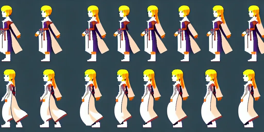 Prompt: walking cycle sprite sheet of a girl in a renaissance dress, walking to the right, each sprite is a different frame of the animation, in the style of final fantasy games, side view of her taking steps, accurate walk cycle, walk cycle, walk cycle, peasant clothes, always wearing the same clothes