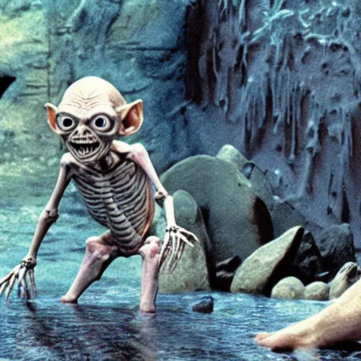 Image similar to Gollum floats on a bloody stream, bones, skeletons