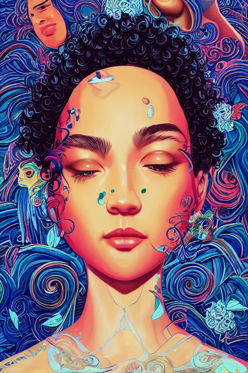 Prompt: hispanic girl short curly hair, and a shortbeard mixed race man, tristan eaton, victo ngai, artgerm, rhads, ross draws