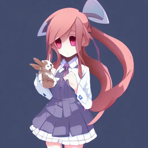 Prompt: petite anime girl in school uniform holding a cute rabbit with big ears, 4k, detailed, illustration, artstation - Porforever, by porforever,