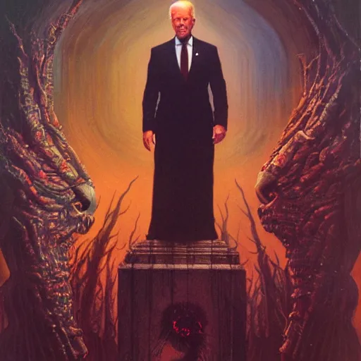 Image similar to epic Joe Biden in pandemonium, demons and souls, portrait, art by Wayne Barlowe, oil on canvas