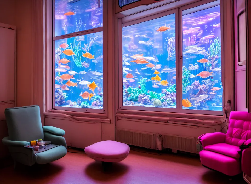 Image similar to telephoto 7 0 mm f / 2. 8 iso 2 0 0 photograph depicting the feeling of euphoria in a cosy cluttered french sci - fi ( art nouveau ) cyberpunk apartment in a pastel dreamstate art cinema style. ( aquarium, computer screens, window ( city ), led indicator, lamp ( ( ( armchair ) ) ) ), ambient light.