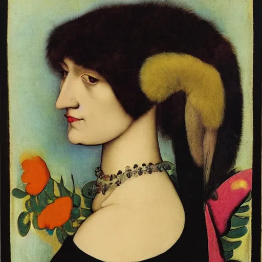 Image similar to portrait of a harpy changing into a flower, fashion editorial by hans holbein and alexej von jawlensky
