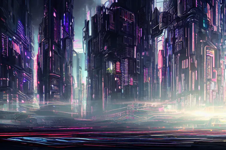 Image similar to abstract depiction of a complex city where the connections are seen as streaks of intense light, cyberpunk style