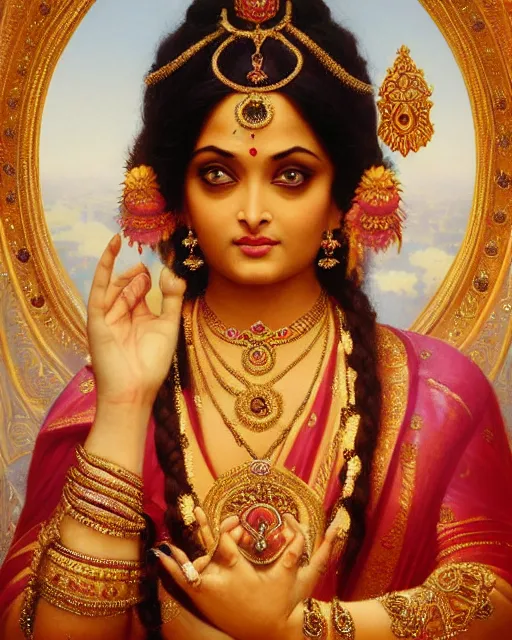 Image similar to Aishwarya Rai as a beautiful Hindu Goddess, gorgeous, portrait, Symmetrical, powerful, intricate, beautiful, masterpiece, elegant, volumetric lighting, highly detailed, digital painting, hyper-realistic, artstation, sharp focus, no blur, illustration, William-Adolphe Bouguereau Raja Ravi Verma, ruan jia