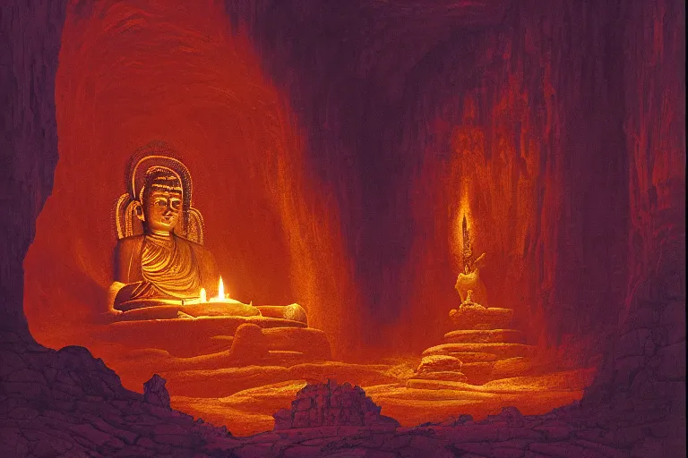 Prompt: giant Buddha statue, carved into a Martian lava cave, candlelit, cavernous interior wide shot, rough, detailed, lava rock, elegant, concept artwork by Thomas Cole and Tim Hildebrandt