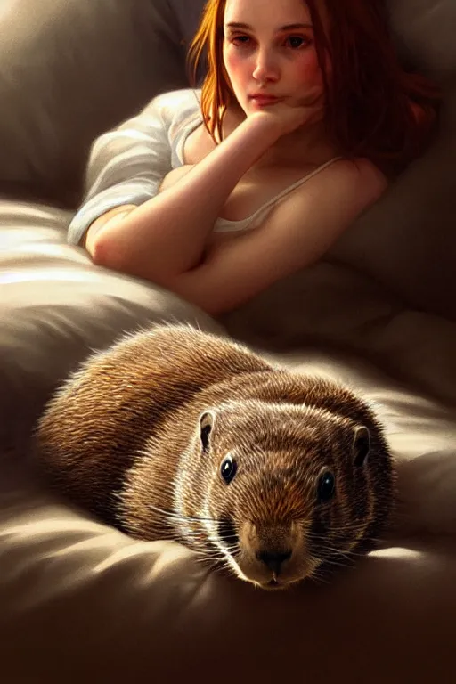 Image similar to drug addicted groundhog lies on the bed, realistic portrait, highly detailed, digital painting, artstation, concept art, smooth, sharp focus, illustration, cinematic lighting, art by artgerm and greg rutkowski and alphonse mucha