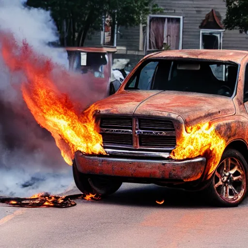 Image similar to photograph of a rusty dodge ram on fire in the street