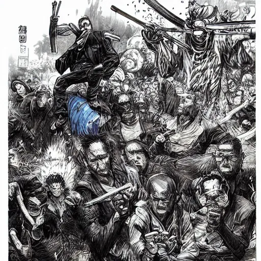 Image similar to yakuzas vs yokais in post-apocalyptic tokyo, composition by Tyler Stout, drawings by gustave doré, anders zorn